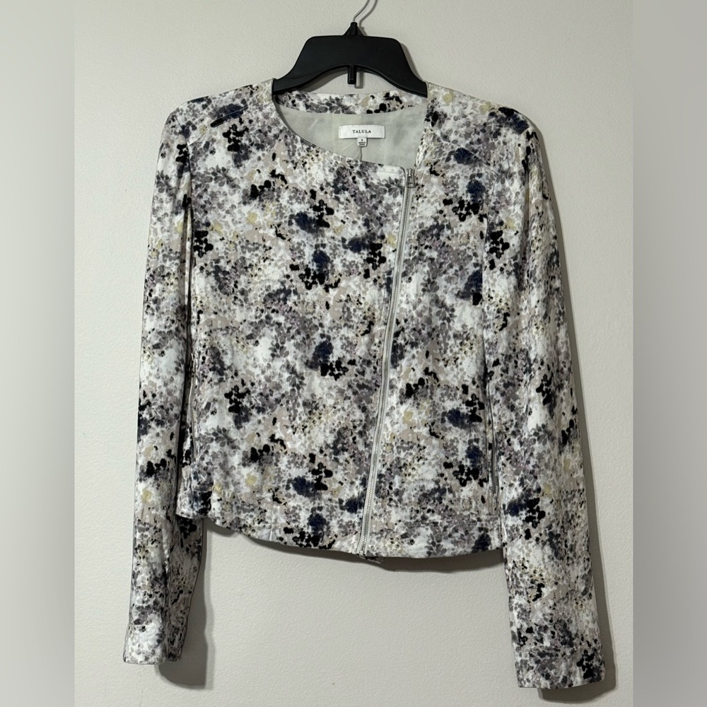 Abstract Watercolor Aritzia Talula Gray Black Rayon Moto Jacket Size 8